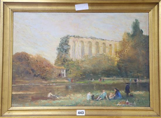 Albert Marks (1871-1941), oil on board, Roman viaduct at Jouy-aux-Arches, Lorraine, signed 36 x 53cm